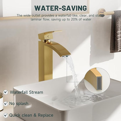 Brushed Gold Vessel Sink Faucet, Waterfall Bathroom Faucets | Brass, Tall Spout, Single Handle 1 Hole Bathroom Faucet, Modern Basin Taps with Supply Line, Pop Up Drain, Without Overflow