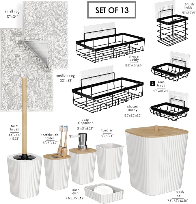 Clara Clark Bathroom Set - White Bathroom Accessories Set, 6PC Bathroom Accessory Set, Bathroom Sets with Bathroom Rugs, Adhesive Corner Shower Caddy Hanging, Toilet Brush, Trash Can & Soap Dispenser
