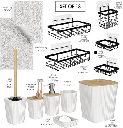 Clara Clark Bathroom Set - White Bathroom Accessories Set, 6PC Bathroom Accessory Set, Bathroom Sets with Bathroom Rugs, Adhesive Corner Shower Caddy Hanging, Toilet Brush, Trash Can & Soap Dispenser