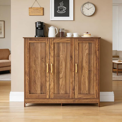 Wood Buffet Storage Cabinet, 3-Door Sideboard Credenza with Fluted Doors & Adjustable Shelves, Freestanding Coffee Bar Cabinet for Kitchen, Living Room, Walnut Brown