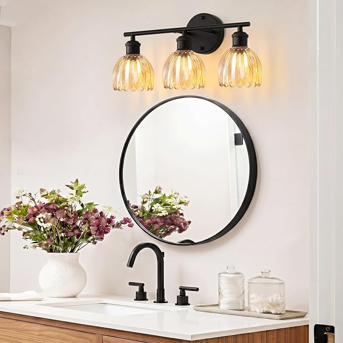 Bathroom Light Fixtures, 3-Light Brushed Black Vanity Lights for Bathroom with Amber Tulip Glass Shade, 20" Vintage Bathroom Vanity Lighting Fixtures Over Mirror for Bedroom Living Room Hallway