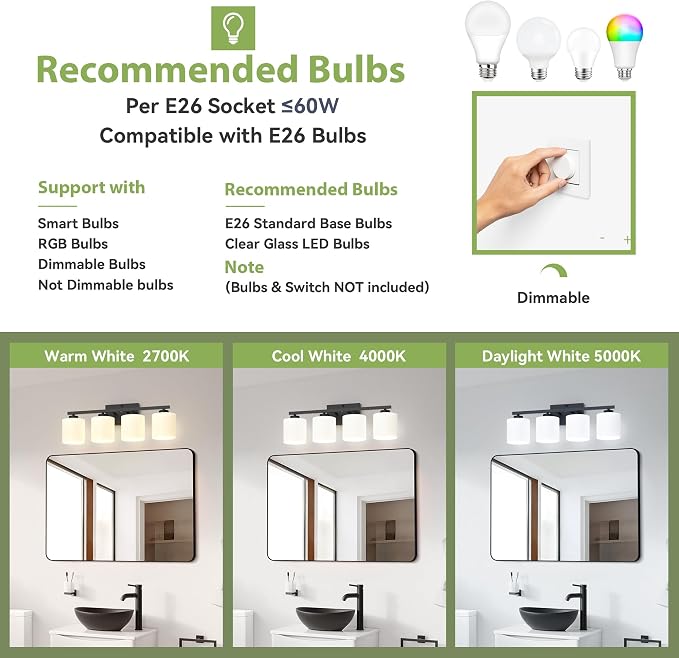 Honesorn 4-Light Vanity Lights, Matte Black Bathroom Light Fixtures | Black Bathroom Vanity Light, Wall Sconces with Milky White Frosted Shades Bedroom,E26 Socket(Bulbs Not Included)