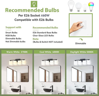 Honesorn 4-Light Vanity Lights, Matte Black Bathroom Light Fixtures | Black Bathroom Vanity Light, Wall Sconces with Milky White Frosted Shades Bedroom,E26 Socket(Bulbs Not Included)