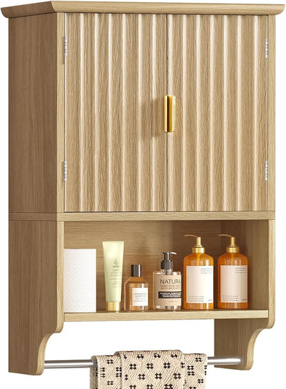 TEENFON Fluted Bathroom Wall Cabinet with Adjustable Shelves and Towel Rack, Wall Mounted Over The Toilet Storage Organizer for Bathroom, Living Room, Natural