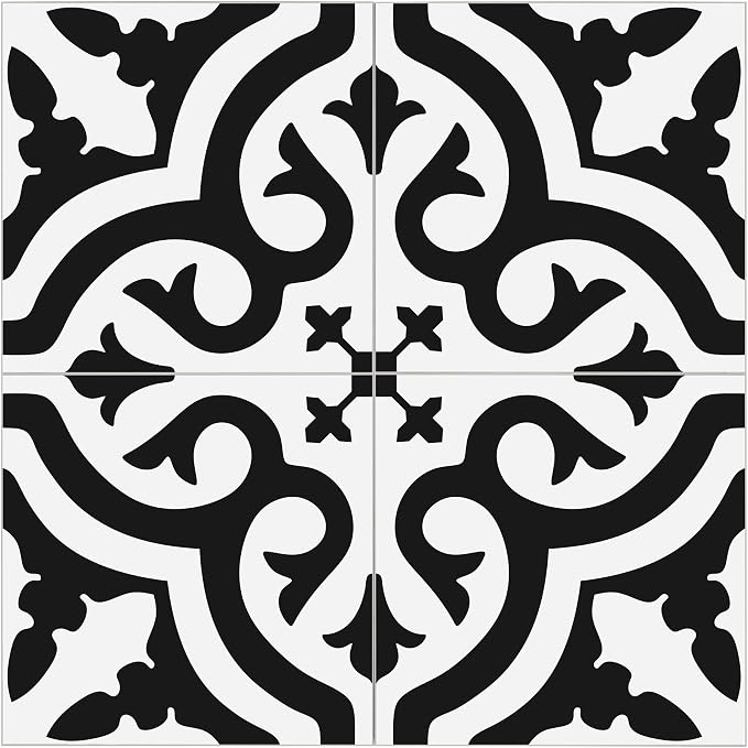 The Tiles Plaza Encaustic Peel and Stick Backsplash, Black and White Patterned Vintage Stick on Tiles, Stone Composite Self-Adhesive Wall Tile Sticker for Kitchen Bathroom Fireplace Stairs, 10 Sheets