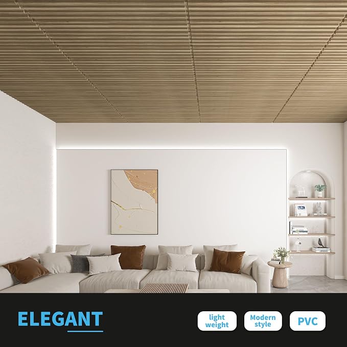 Art3d Fluted Slat 3D Wall Panels, Drop Ceiling Tiles, 12-Pack, Walnut | 24" x 48" , Lightweight, Break-Proof, Compatible with Grid System, Ideal for Home, Commercial Spaces