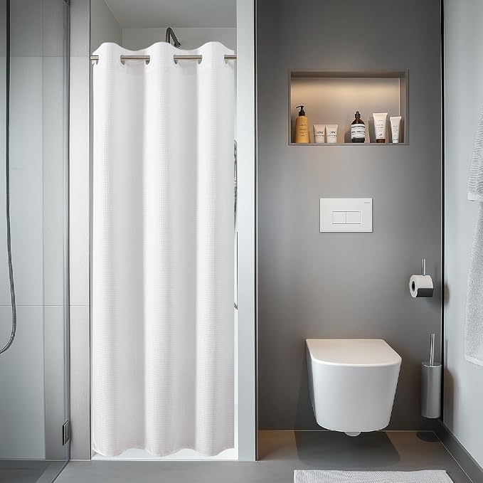 eachope No Hook Waffle Shower Curtain, No Liner Needed, 48x74 Inch, White | 100% waterproof TPU-laminated backing, magnetic weighted hem, machine washable, for bathroom, hotel, or shower stall use