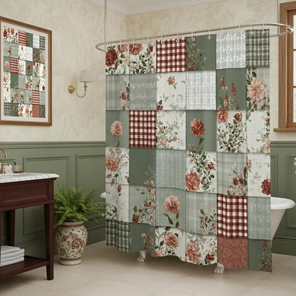 Farmhouse Country Patchwork Shower Curtain for Bathroom Boho Floral Plaid Vintage Rustic Cottagecore Bathroom Decor Pink Green Flower Fabric Bath Curtain with 12 Hooks, 72x72 Inch