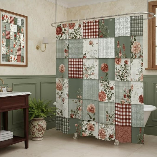 Farmhouse Country Patchwork Shower Curtain for Bathroom Boho Floral Plaid Vintage Rustic Cottagecore Bathroom Decor Pink Green Flower Fabric Bath Curtain with 12 Hooks, 72x72 Inch