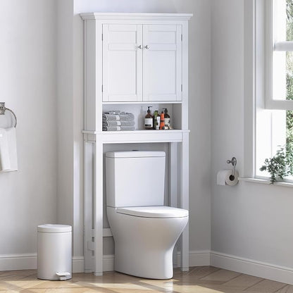 Spirich Over The Toilet Storage Cabinet, White Bathroom Organizer | Shaker Doors, Open & Hidden Storage, Adjustable Interior Shelf, FSC-Certified MDF, Anti-Tip Fitting, Adjustable Crossbar