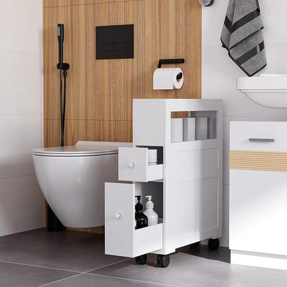 HOMCOM 6.25" x 20.5" x 28.25" Wood Rolling Narrow Bathroom Side Storage Cabinet - White