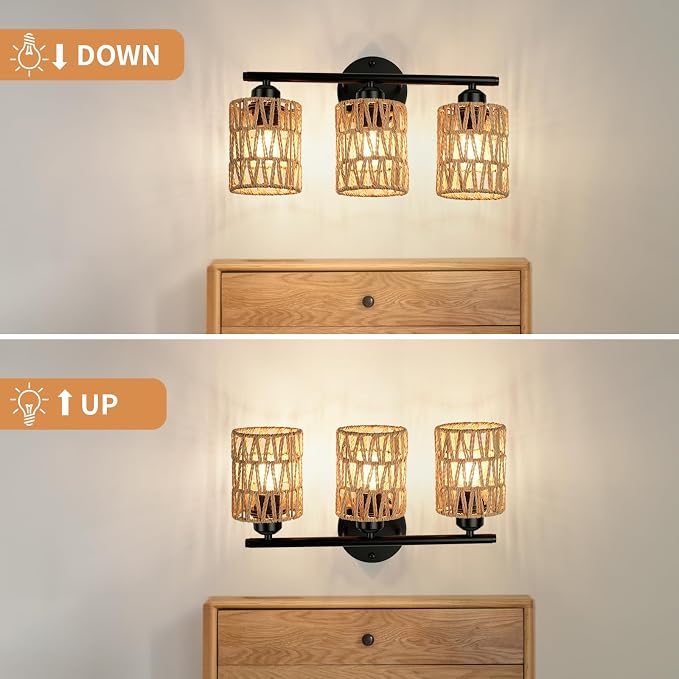 Frideko 3-Light Bathroom Vanity Light Fixtures, Modern Rattan Bathroom Lighting Fixtures Over Mirror, Boho Wall Sconces with Woven Lampshade, Black Wall Lamp for Farmhouse Living Room Bedroom