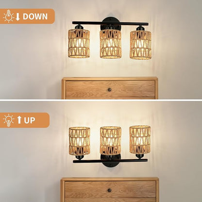 Frideko 3-Light Bathroom Vanity Light Fixtures, Modern Rattan Bathroom Lighting Fixtures Over Mirror, Boho Wall Sconces with Woven Lampshade, Black Wall Lamp for Farmhouse Living Room Bedroom
