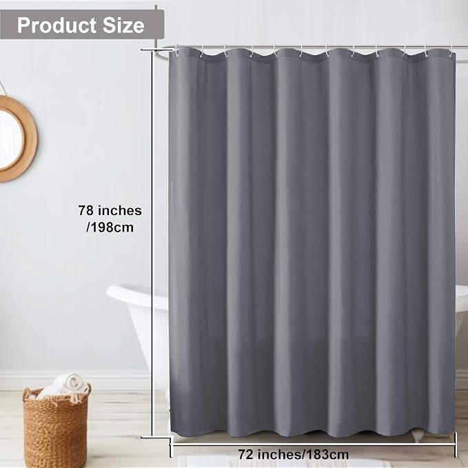 OVZME Zora 78 Inch Shower Curtain Set with 12 Plastic Hooks, Plain Fabric Grey Shower Curtain for Bathroom - Long Shower Curtain, Water Resistance, Machine Washable Soft Cloth, 72WX78L, Grey