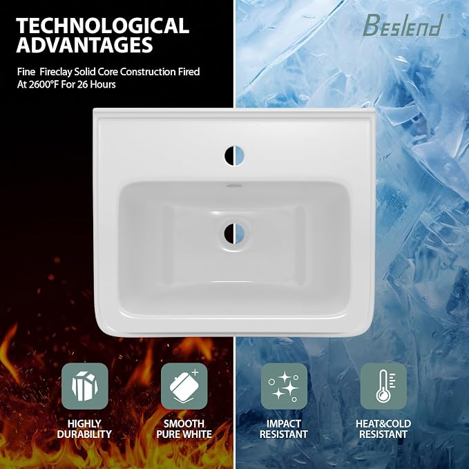 Wall Mount Vessel Sink | Beslend 17x14 Inch White Ceramic Vessel Sink, Rectangular White Art Hand Wash Basin with Overflow and Hole, Space-Saving