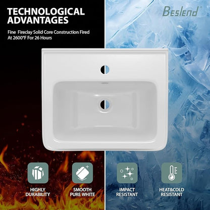 Wall Mount Vessel Sink | Beslend 17x14 Inch White Ceramic Vessel Sink, Rectangular White Art Hand Wash Basin with Overflow and Hole, Space-Saving