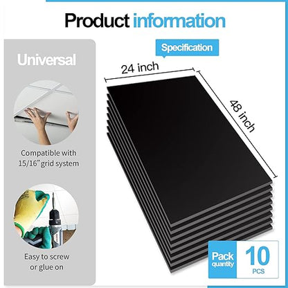 Art3d 10-Pack Smooth Drop Ceiling Tile 2ft x 4ft - Fire-Rated, Waterproof, Reusable - Premium PVC, No Sag and Breakage - Cover 80 Sq. Ft, Black | 2 x 2 ft, PVC, Waterproof, Fire-Rated, Reusable, Compatible with Grid System, Perfect for Living Room