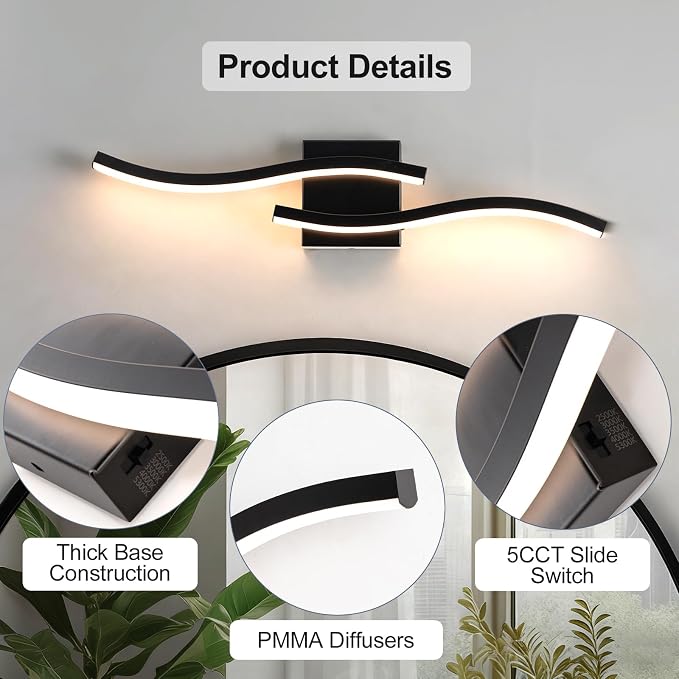 Black Curved Bathroom Vanity Light Fixture Over Mirror, 23.62 inch Modern LED Wall Lamp 5CCT Dimmable Bathroom Light Fixture Modern Vanity Lighting Wall Sconces