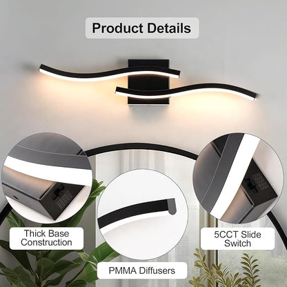 Black Curved Bathroom Vanity Light Fixture Over Mirror, 23.62 inch Modern LED Wall Lamp 5CCT Dimmable Bathroom Light Fixture Modern Vanity Lighting Wall Sconces