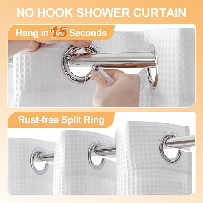 River Dream Cotton Blend No Hook Shower Curtain with Liner, White, 36x74 | with Snap in Liner, Heavyweight Waffle, Hotel Grade for Stall Bathroom, Water Repellent, Corner Magnets, Machine Washable