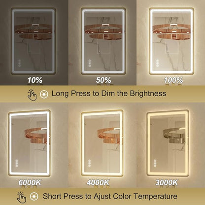 24x36 Inch LED Bathroom Mirror with Gold Metal Frame, Front and Backlit Vanity Mirror, Stepless Dimmable Wall Mirrors with Anti-Fog, 3 Colors, Memory Function, Waterproof, LED Smart Bathroom Mirror
