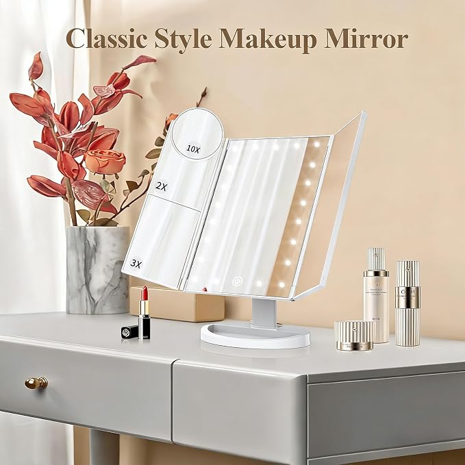 HUONUL 2X/3X/10X Magnifying Vanity Mirror with Light, Trifold Makeup Mirror | Touch Dimming, Dual Power, Clear View for Makeup, Skincare. Dorm Room Essentials. Birthday Gifts for Women, Mom, Wife, Girls