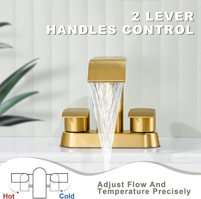Ultimate Unicorn Bathroom Faucet for Sink Brushed Gold, 4 Inch Bathroom Sink Faucet for 3 or 2 Holes, 2 Handle Waterfall Faucets with Pop up Drain, Centerset Faucets for RV Counter