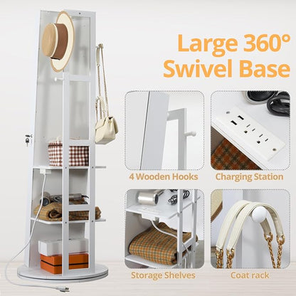 IRONCK 360° Swivel Jewelry Cabinet with Full-Length Mirror, Power Outlet | Lockable Standing Jewelry Organizer with Rear Storage Shelves, Interior Mirror, LED Lights, White