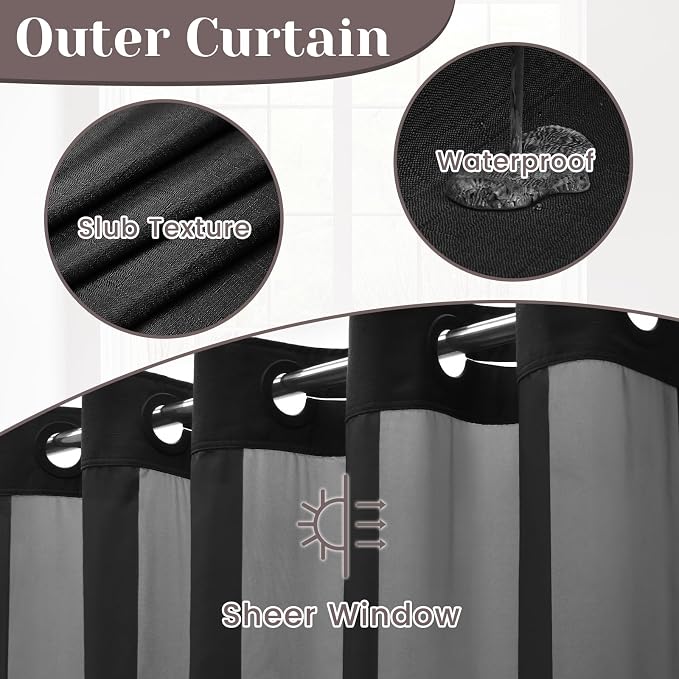 SORTTO No Hook Slub Shower Curtain with Liner, 71x98, Black | Snap in Liner, 3 in 1, Bamboo Texture, Hotel Style, Waterproof Fabric, Mesh Top Window, Corner Magnets, Machine Washable