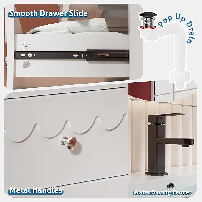 eclife 24" Floating Bathroom Vanity with Sink Combo, Modern Painted Wall-Mounted Vanities Storage Cabinet with Scalloped Decor, Undermount Basin, Faucet, Drain, White