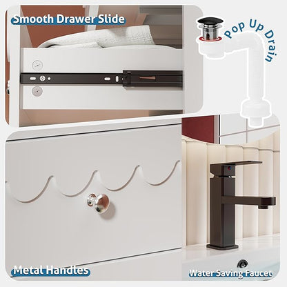 eclife 30" Floating Bathroom Vanity with Sink Combo, Modern Painted Wall-Mounted Vanities Storage Cabinet with Scalloped Decor, Undermount Basin, Faucet, Drain, White
