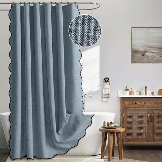 MIULEE 72"x84" Extra Long Scalloped Linen Shower Curtain Dusty Blue | Linen Textured, Waterproof, Washable, 12 Metal Hooks, Heavy Duty Cloth, Black Border, Shower Curtain for Bathroom Bathtub