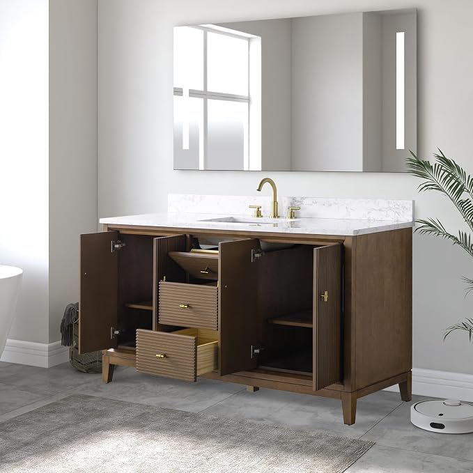 Vanity Art 60" Bathroom Vanity with Single Sink & Arabescato White Engineered Stone Top, Vanity Cabinet with Soft Closing Door, Solid Wood Frame, Golden Brushed Handles, Walnut VA8160S-Walnut-GB