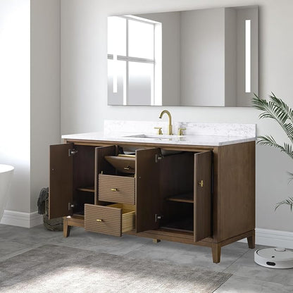 Vanity Art 60" Bathroom Vanity with Single Sink & Arabescato White Engineered Stone Top, Vanity Cabinet with Soft Closing Door, Solid Wood Frame, Golden Brushed Handles, Walnut VA8160S-Walnut-GB