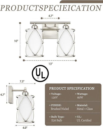 2-Light Brushed Nickel Bathroom Light Fixtures with Milk Frosted Glass, 13" Modern Bathroom Vanity Lighting Fixtures Over Mirror with Metal Cage, Wall Sconce Light for Bath, E26, CH9176BNW-2W
