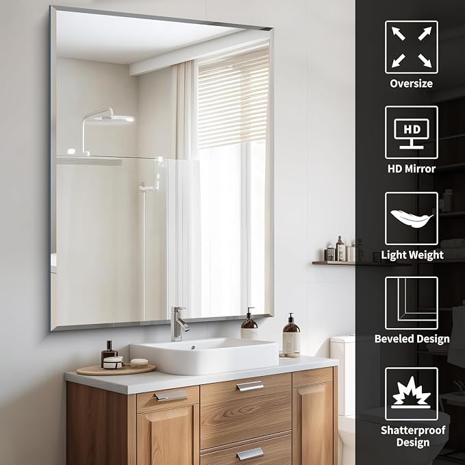 CILIBER Beveled Mirror, 50x36 Large Bathroom Mirrors for Over Sink, Lightweight Design Beveled Frameless Vanity Mirror Wall Mounted, Crystal-Clear 3mm Tempered Glass, Horizontally or Vertically