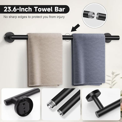 Matte Black Towel Bar Set, 5-Piece Bathroom Hardware Set with Smiley Face Towel Rings, Stainless Steel Wall-Mounted Towel Rack Set 23.6 Inch