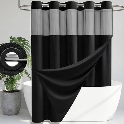 Black Hook Free Waffle Shower Curtain & Snap-in Fabric Liner,72x75 | Less Time to install, 3 in 1 Fabric Shower Curtain and Liner Set with Magnets, Mesh Top Window, Shower Curtains for Bathroom