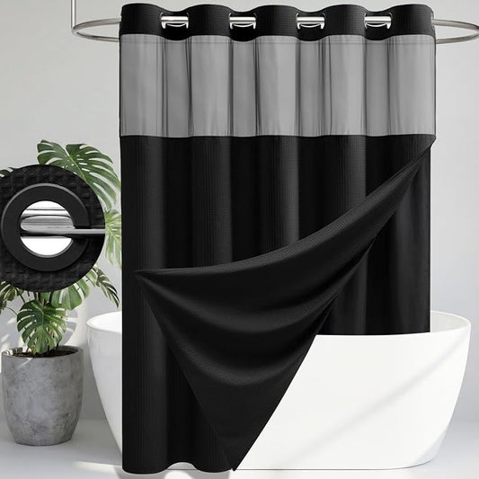 Black Hook Free Waffle Shower Curtain & Snap-in Fabric Liner,72x75 | Less Time to install, 3 in 1 Fabric Shower Curtain and Liner Set with Magnets, Mesh Top Window, Shower Curtains for Bathroom