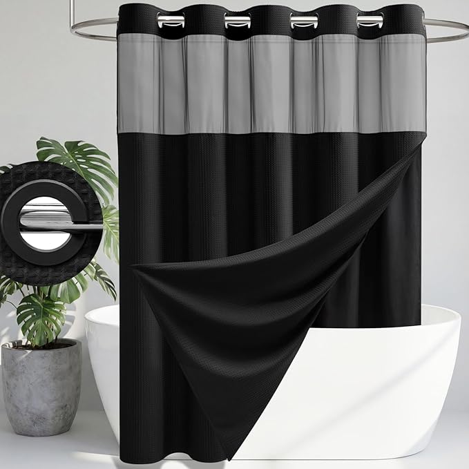 Black Hook Free Waffle Shower Curtain & Snap-in Fabric Liner,48x75 | Less Time to install, 3 in 1 Fabric Shower Curtain and Liner Set with Magnets, Stall, Shower Curtains for Bathroom
