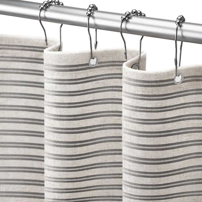 Farmhouse Striped Shower Curtain Horizontal Grey Vintage Linen 72"W X 72"L | Striped Shower Curtains with Linen Texture for Bathroom Decor