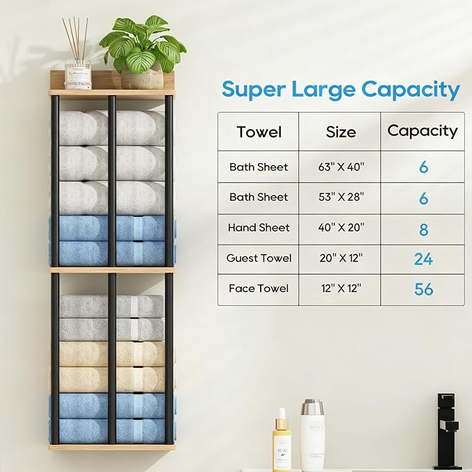 Towel Racks for Bathroom Wall Mounted with Wooden Storage Shelf | Updated 3 Bar Metal Towel Holder for Rolled Towels, Sturdy and Large Capacity, Towel Storage Organizer
