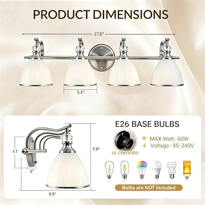 Vanity Lights for Bathroom Over Mirror, Elegant Wall Sconces with Milky White Hand-Painted Frosted Glass Shade, E26 Socket (Bulbs Not Included) (Polished Chrome, 4-Light)