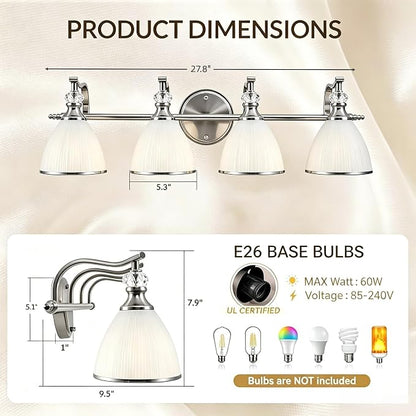 Vanity Lights for Bathroom Over Mirror, Elegant Wall Sconces with Milky White Hand-Painted Frosted Glass Shade, E26 Socket (Bulbs Not Included) (Polished Chrome, 4-Light)