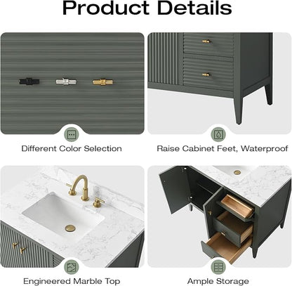 Vanity Art 42 inch Bathroom Vanity with Single Sink & Ceramic Top, Vanity Cabinet with Soft-Closing Door, Solid Wood Frame, Linear Pattern, Vintage Green, Golden Brushed Handware VA9142-VG-GB
