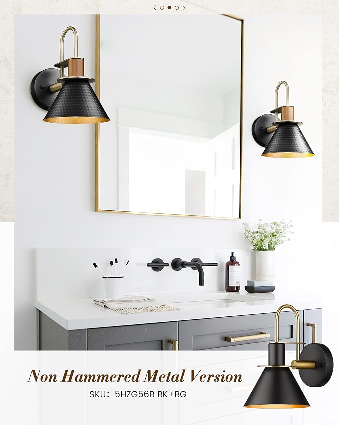 Modern Wall Sconces Set of Two, HWH Industrial Sconce Wall Lighting Indoor Wall Lamp, 1-Light Barn Vanity Light, Hammered Metal Shade, Black and Gold Finish, 5HZG74B-2 BK+BG
