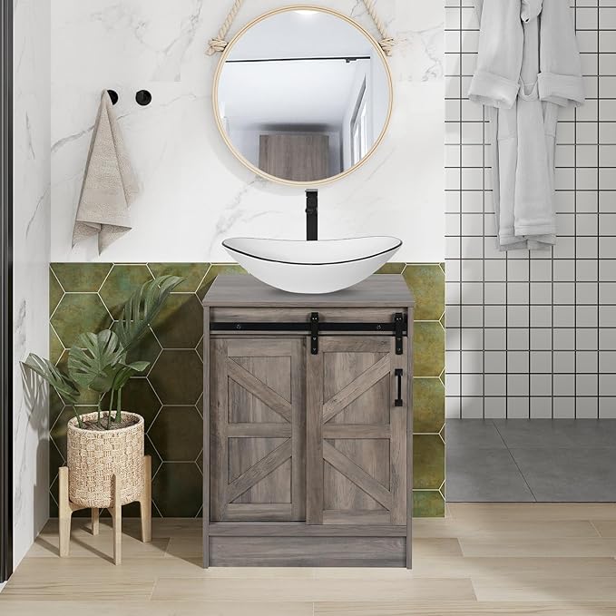 24" Farmhouse Bathroom Vanity with Sink, Bathroom Storage Cabinet with Sliding Barn Doors & Metal Handle, Freestanding Vanity with White Ceramic Boat Sink Combo Set