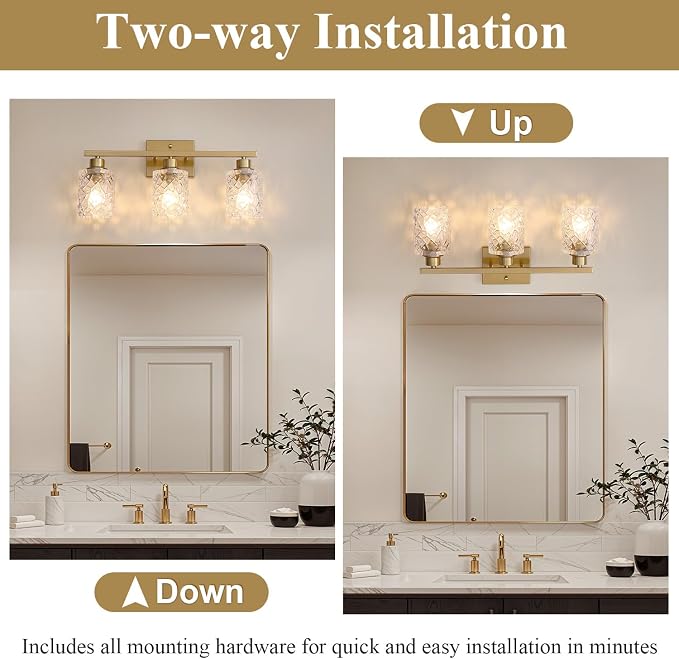 Mecgirn Stainless Steel Bathroom Vanity Light Over Mirror, 3 Light Brushed Gold Bathroom Light Fixtures with Textured Glass Shades,Ceramic E26 Sockets Wall Mounted Vanity Lights for Bathroom
