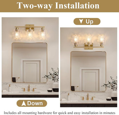 Mecgirn Stainless Steel Bathroom Vanity Light Over Mirror, 3 Light Brushed Gold Bathroom Light Fixtures with Textured Glass Shades,Ceramic E26 Sockets Wall Mounted Vanity Lights for Bathroom