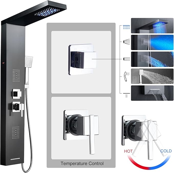 MENATT Stainless Steel Shower Tower Panel System with LED Waterfall Shower, 5-in-1 Shower Panels with Rainfall Shower Head, 2-in-1 Body Jets,Handheld Showerhead,Bathtub Filler (Black)